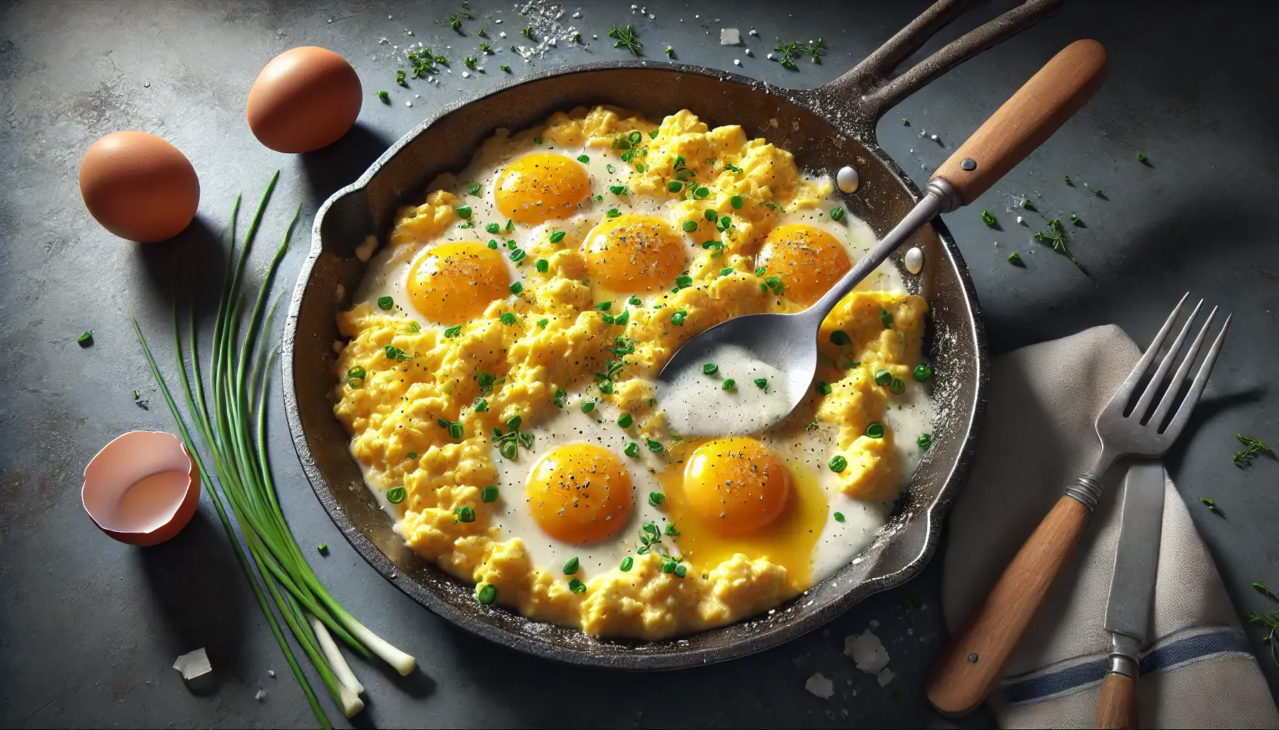 Fully cooked scrambled eggs in a skillet with chives