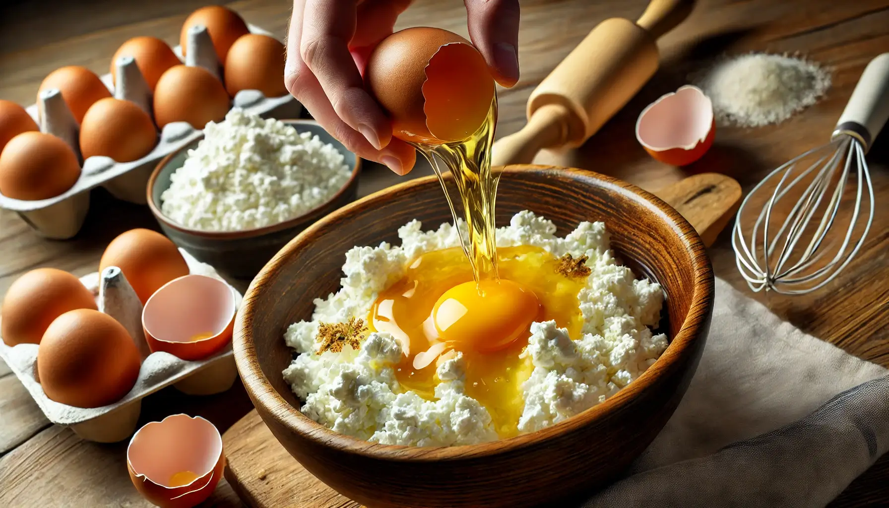 Mixing bowl with cracked eggs and cottage cheese