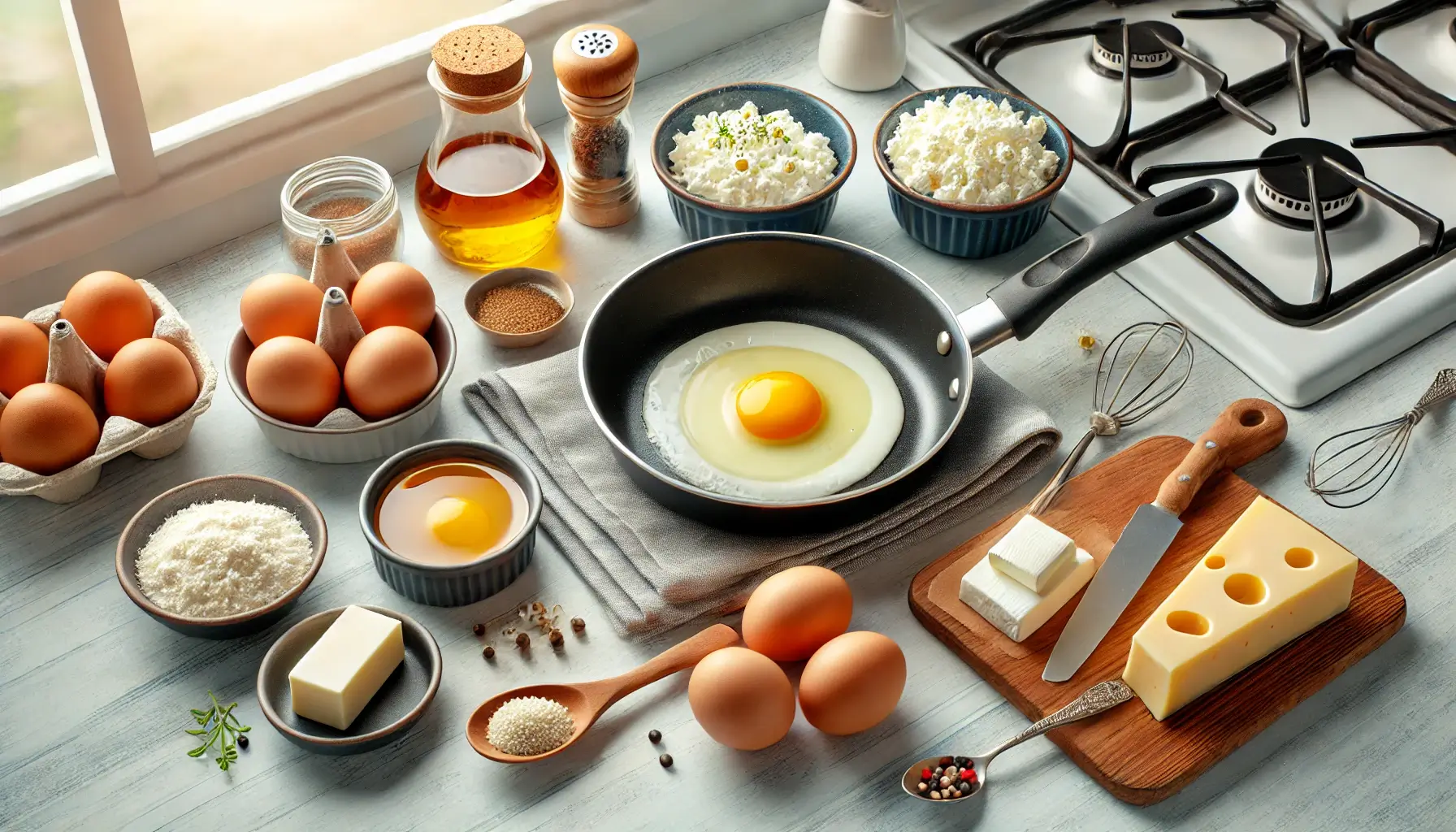 Ingredients with skillet on stove in kitchen