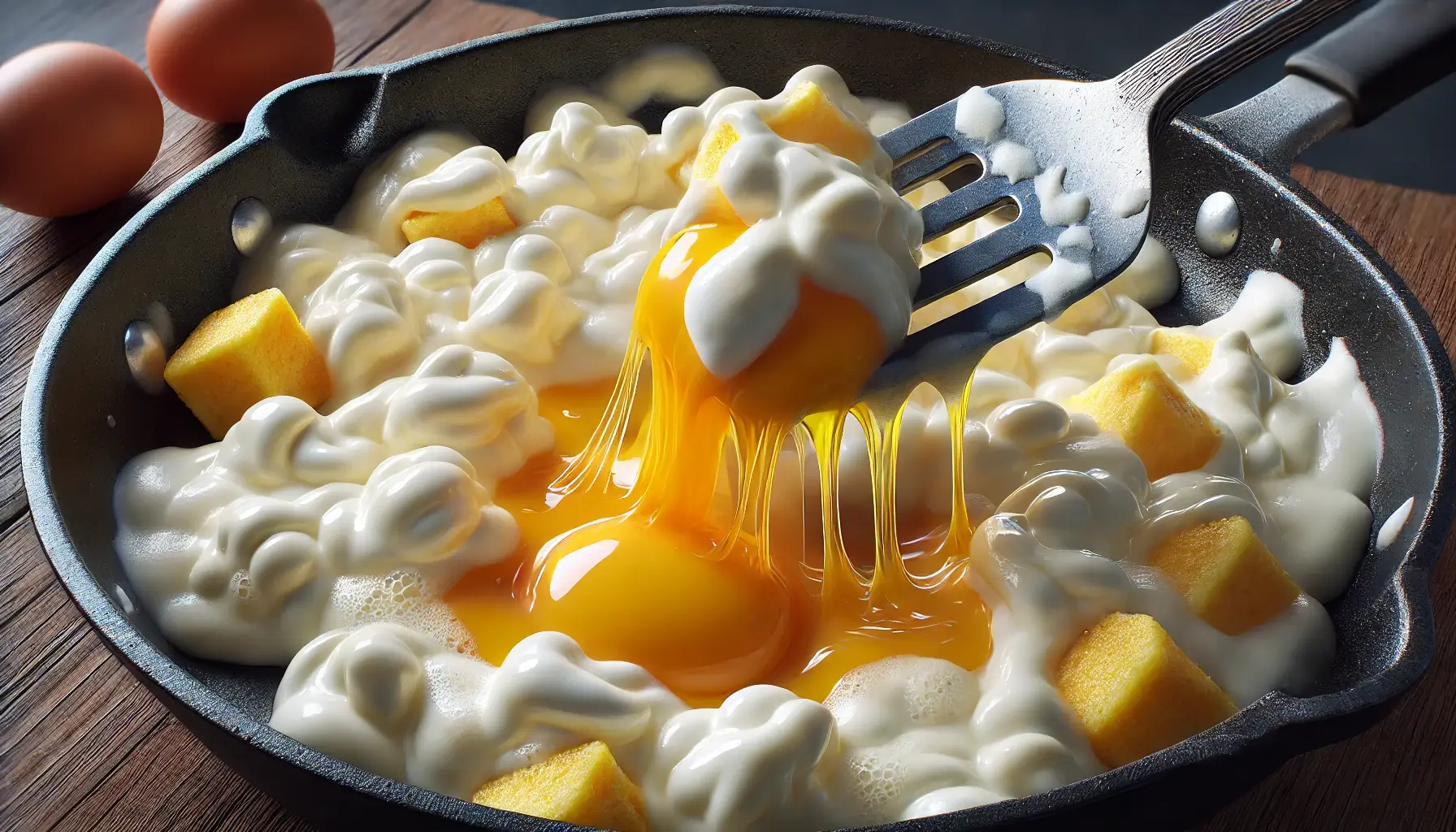 Folding scrambled eggs with spatula for creamy texture