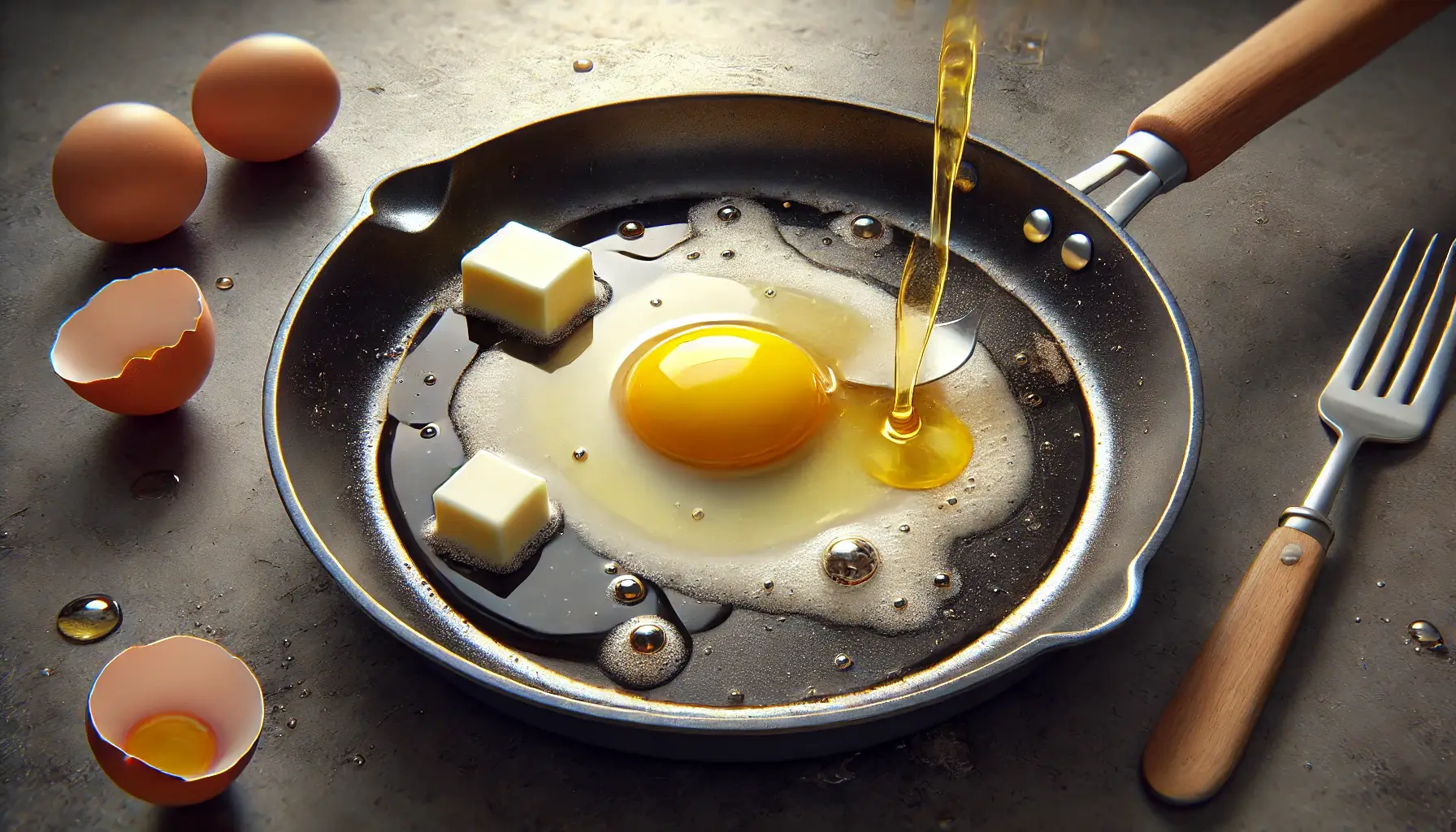 Non-stick skillet with melted butter spreading evenly