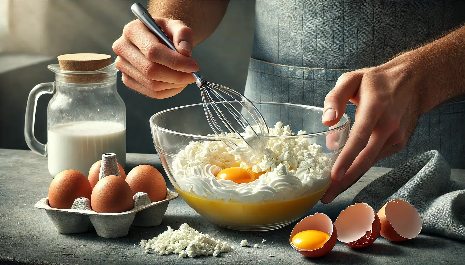 Whisking eggs and cottage cheese together in a bowl