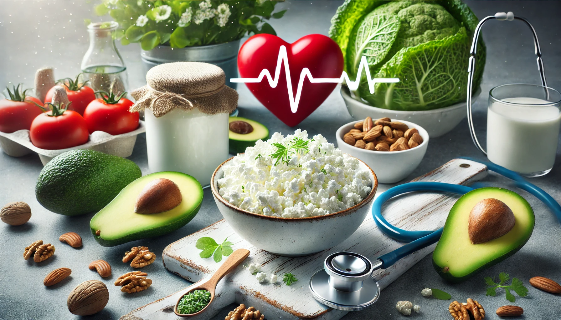 A bowl of creamy dairy with avocado, nuts, and greens, set against heart visuals, highlighting cardiovascular health.