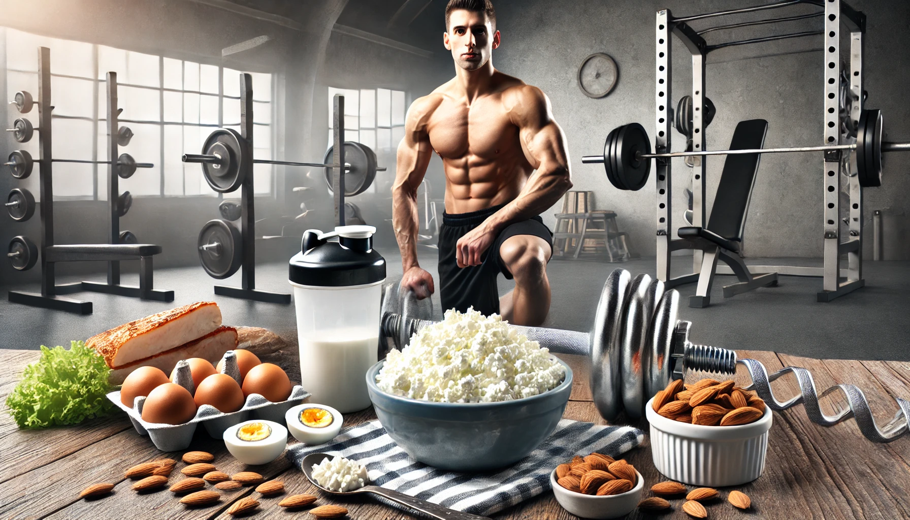 A bowl of curd with boiled eggs, almonds, and grilled chicken, in a gym setting, highlighting muscle growth.