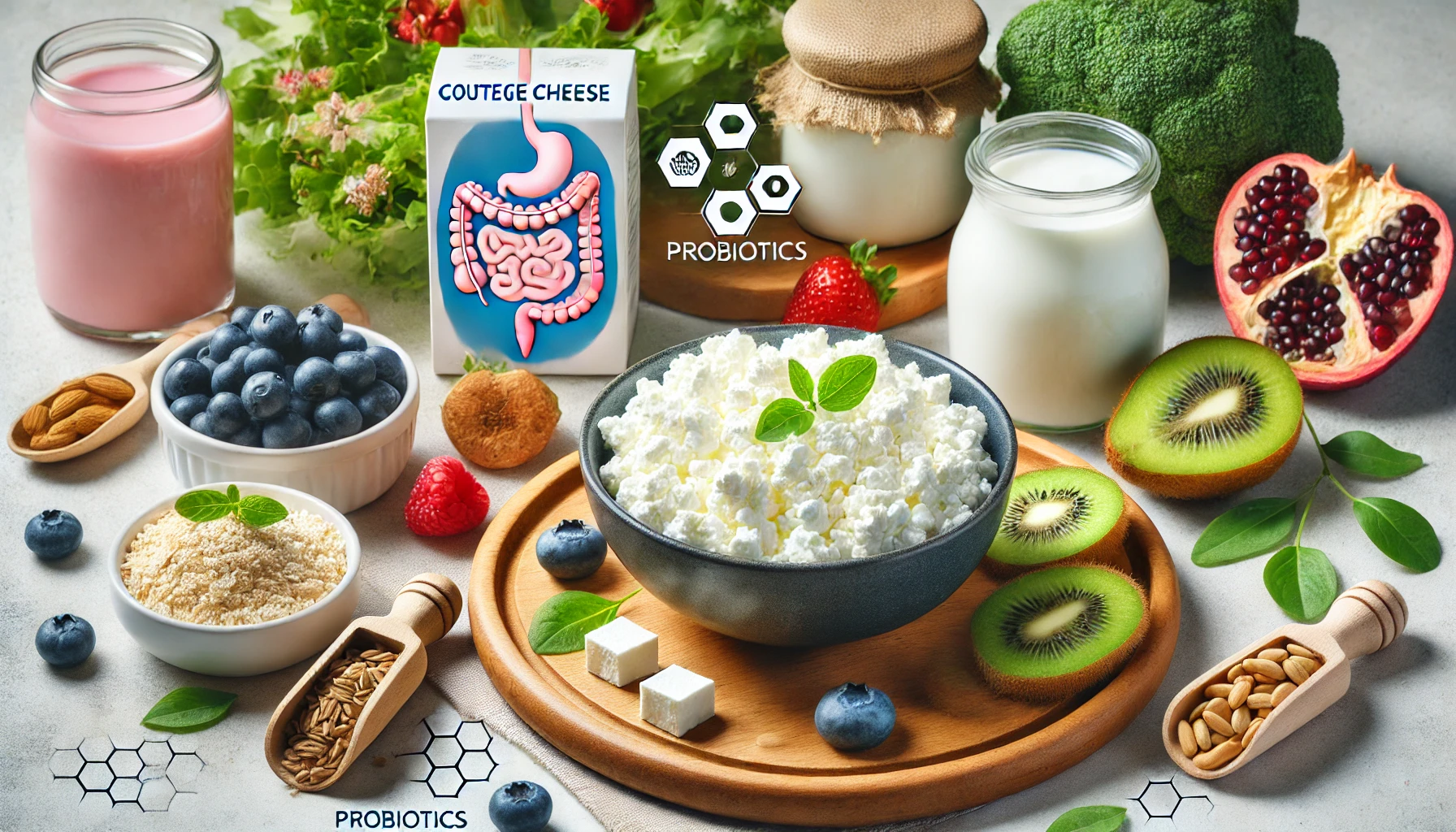 A bowl of cheese with yogurt, kefir, berries, and greens, highlighting probiotics and digestive health benefits.