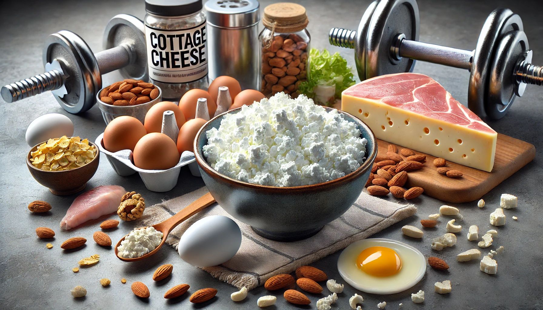 A bowl of cottage cheese surrounded by protein-rich foods highlighting its role as protein powerhouse