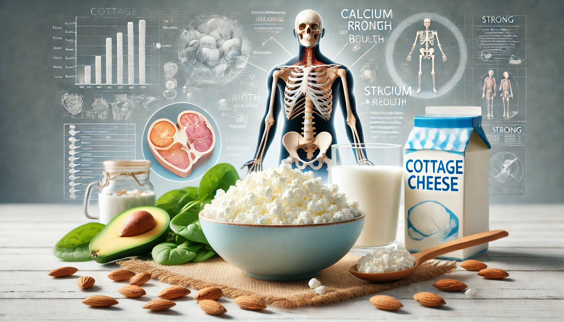 A bowl of cheese with almonds, spinach, and milk, emphasizing calcium's role in bone health.