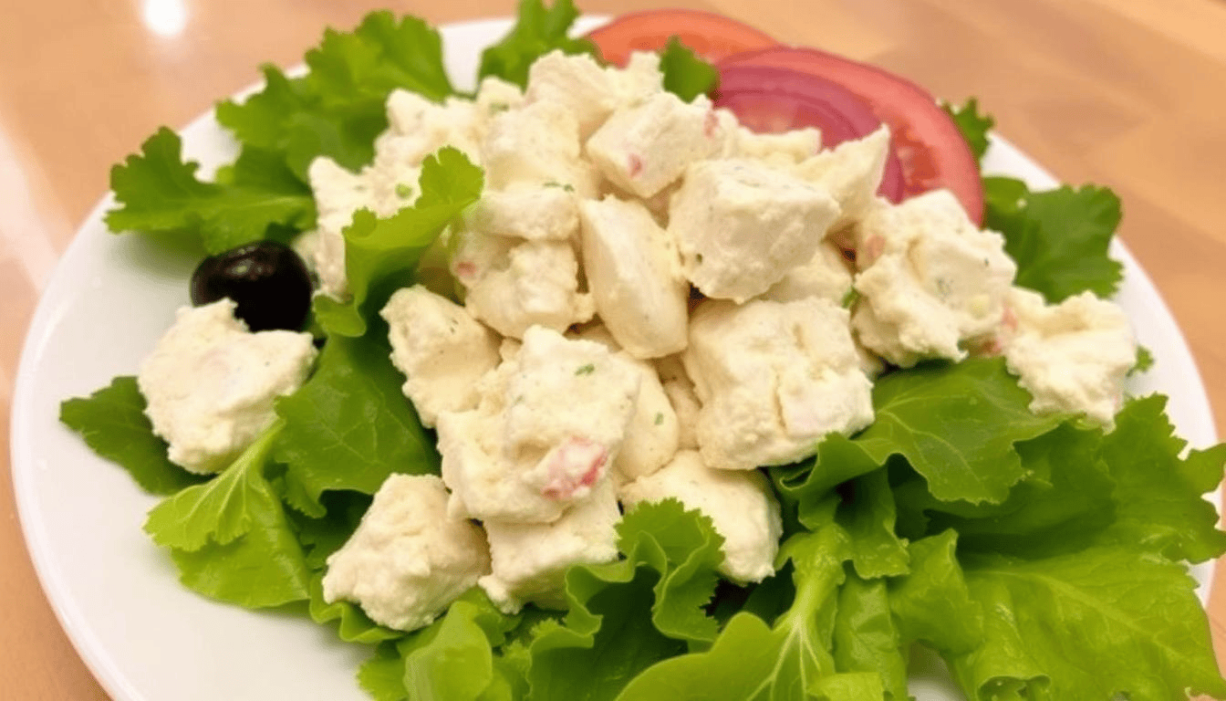 A creamy chicken salad served on fresh green lettuce with slices of red onion and tomato, garnished with a black olive.