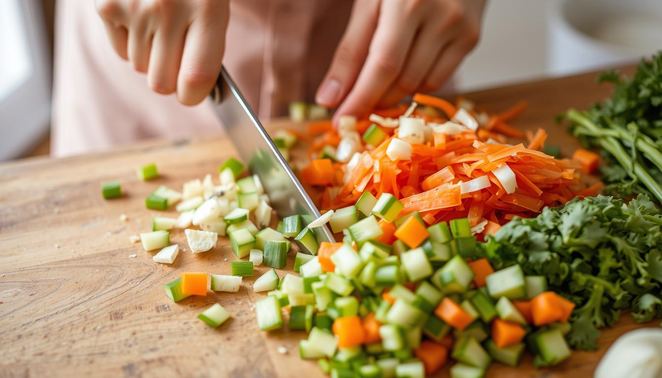 Close-up of hands chopping a variety of fresh vegetables on a wooden cutting board, including carrots, zucchini, and herbs, in a kitchen setting.