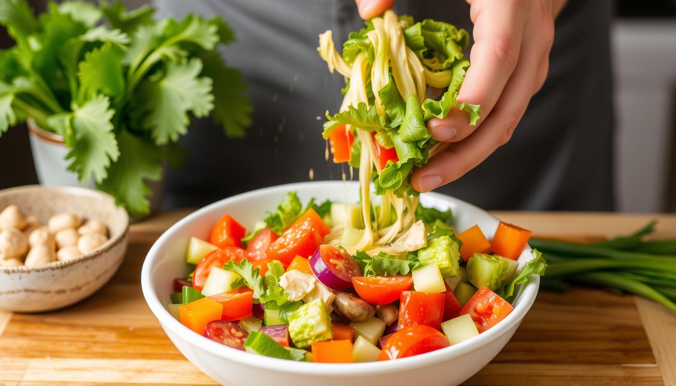 A hand adding fresh lettuce to a colorful salad bowl containing cherry tomatoes, cucumbers, bell peppers, and mushrooms on a wooden counter.