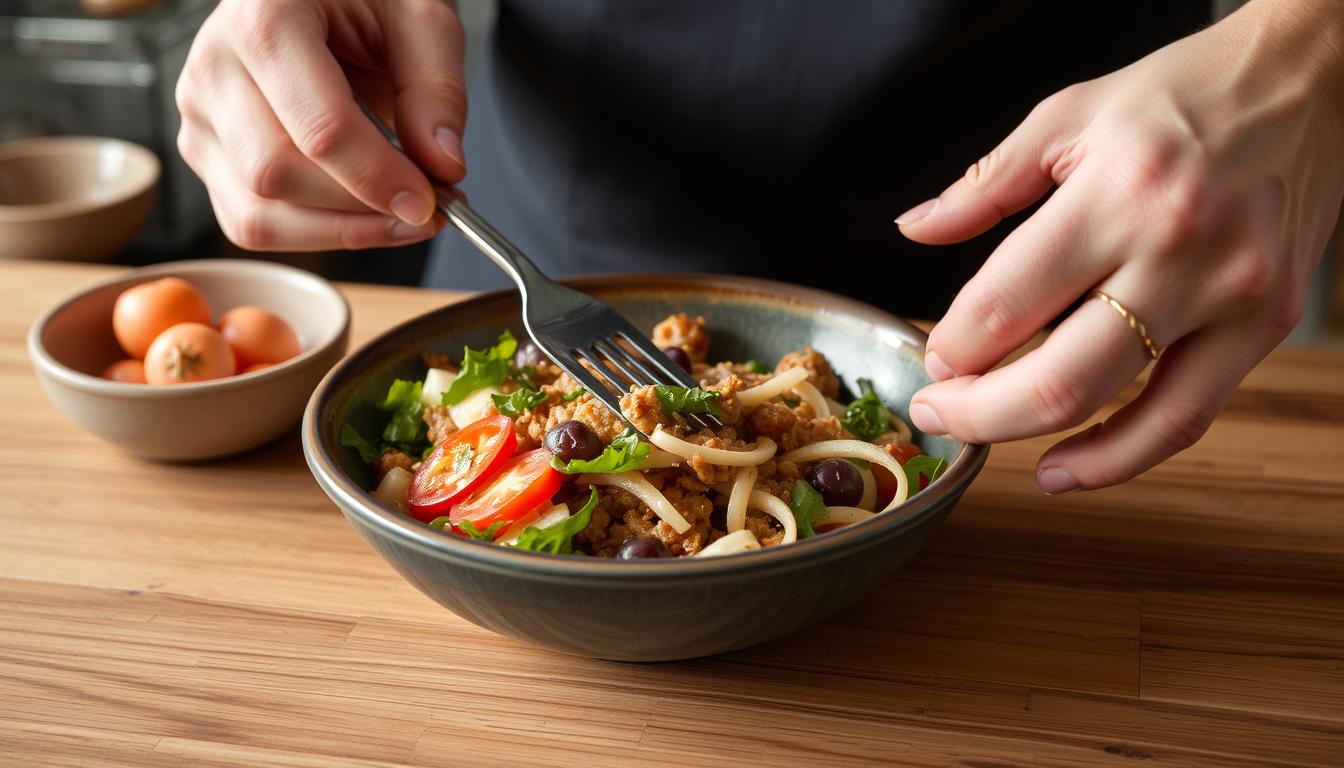 A person holding a fork, mixing a bowl of pasta salad with fresh cherry tomatoes, olives, greens, and ground meat on a wooden surface.