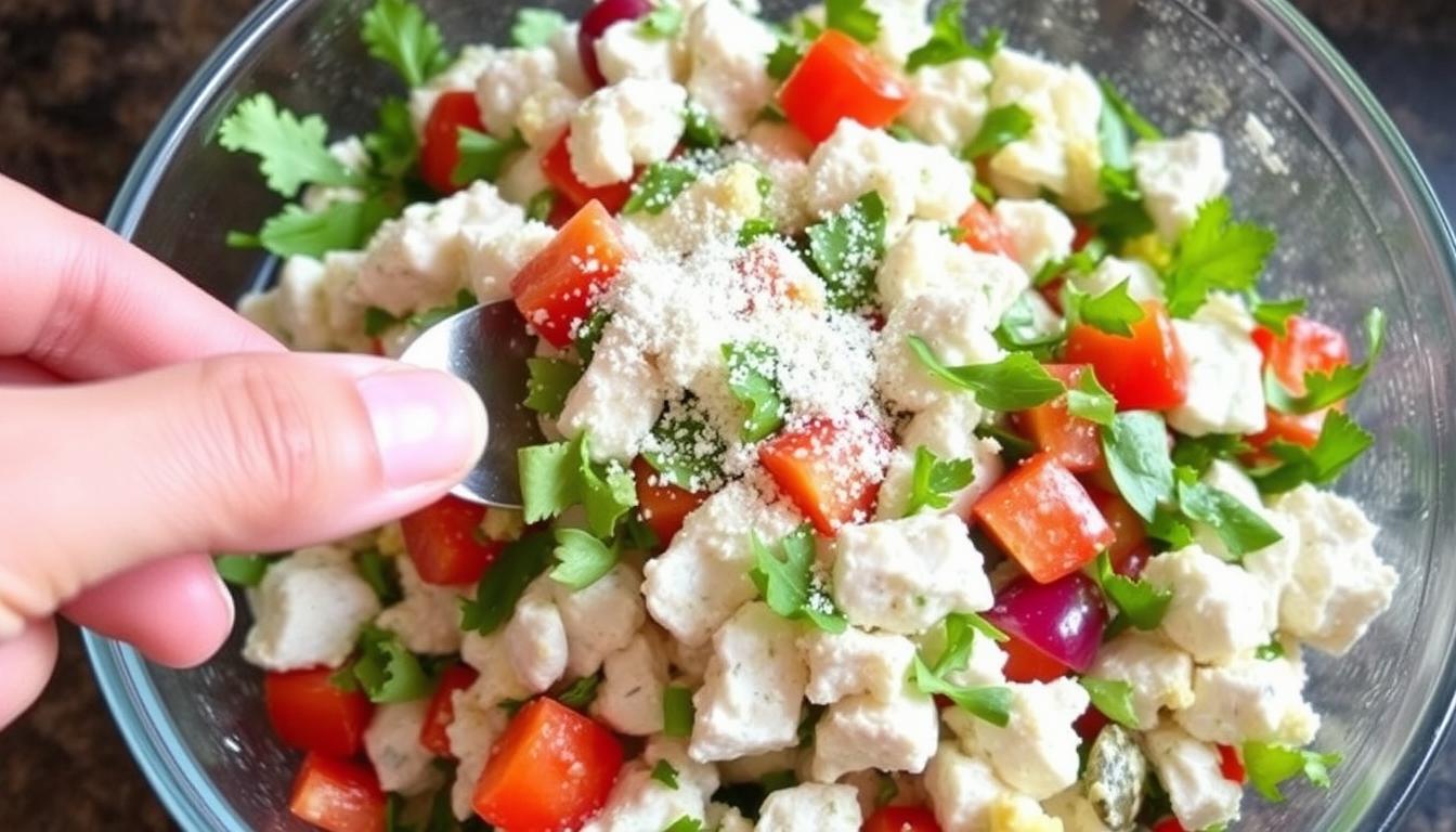 A close-up of a person sprinkling grated Parmesan cheese over a fresh salad bowl filled with diced tomatoes, herbs, and chunks of cheese.