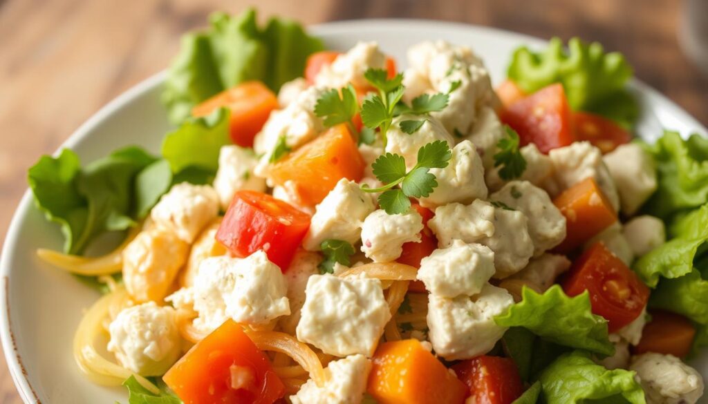 A close-up of a vibrant salad featuring diced tomatoes, chunks of cheese, fresh leafy greens, and garnished with herbs, creating a colorful and healthy dish.