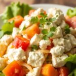 A close-up of a vibrant salad featuring diced tomatoes, chunks of cheese, fresh leafy greens, and garnished with herbs, creating a colorful and healthy dish.