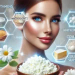 Realistic image showing cottage cheese, antioxidants, amino acids, selenium, and glowing youthful skin benefits.