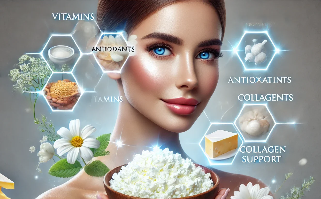 Realistic image showing cottage cheese, antioxidants, amino acids, selenium, and glowing youthful skin benefits.