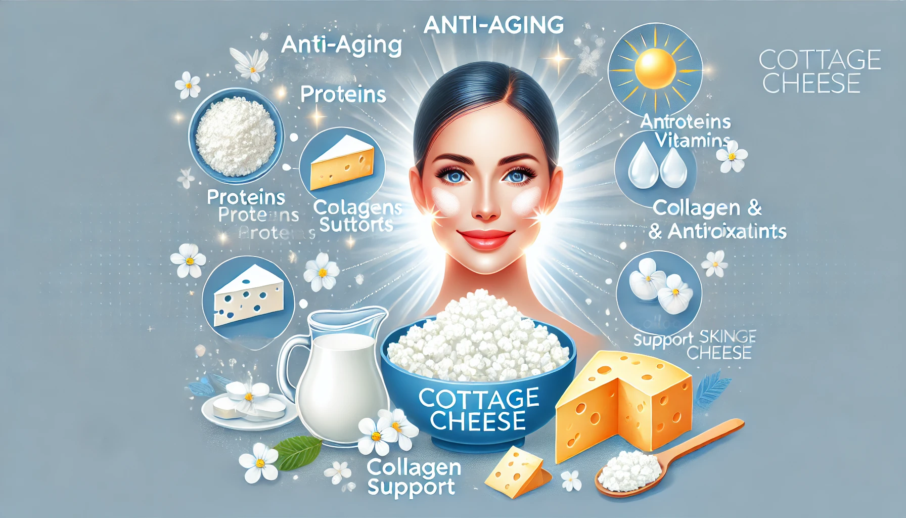 Illustration showing how cottage cheese benefits skin with glowing face, antioxidants, collagen.