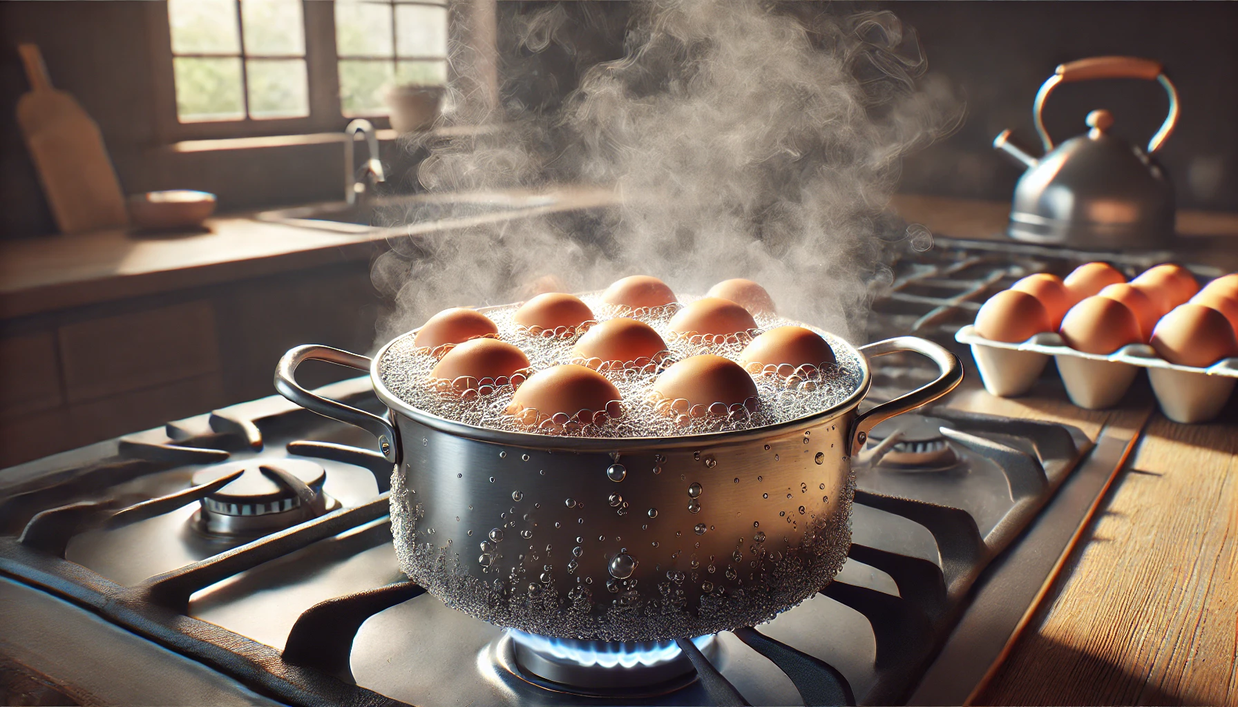 Eggs boiling in a pot on the stove, releasing steam.