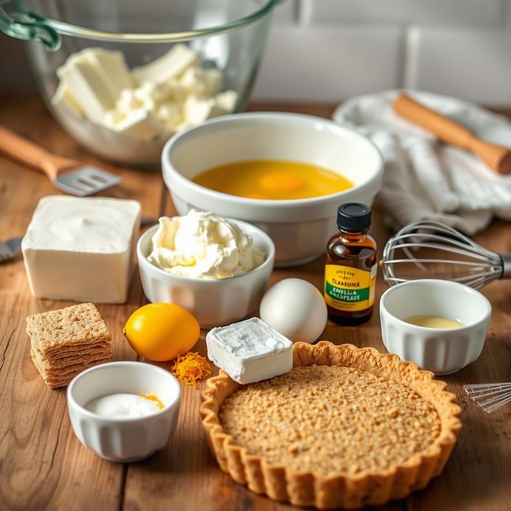 Cottage cheese, cream cheese, eggs, lemon zest, graham cracker crust, and utensils on rustic table