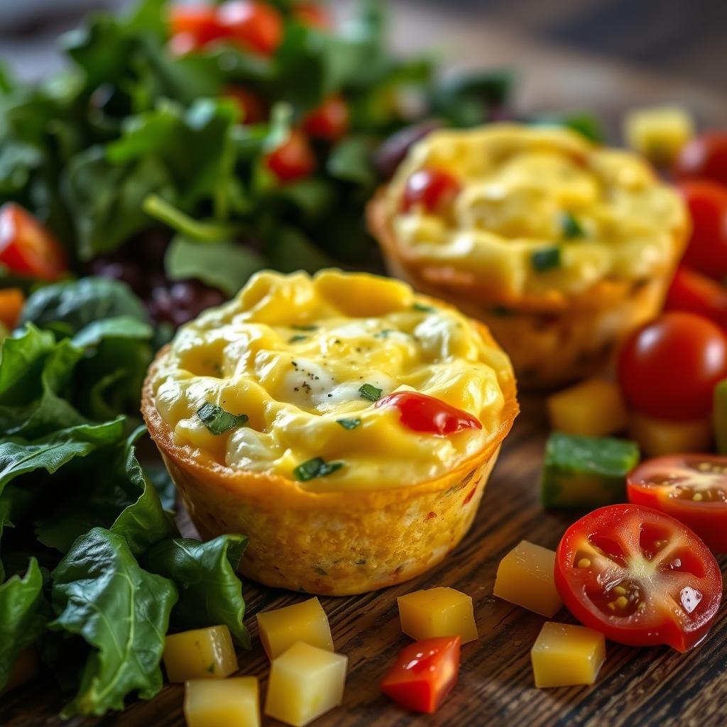 Golden brown egg muffins with tomatoes and herbs on a wooden board.