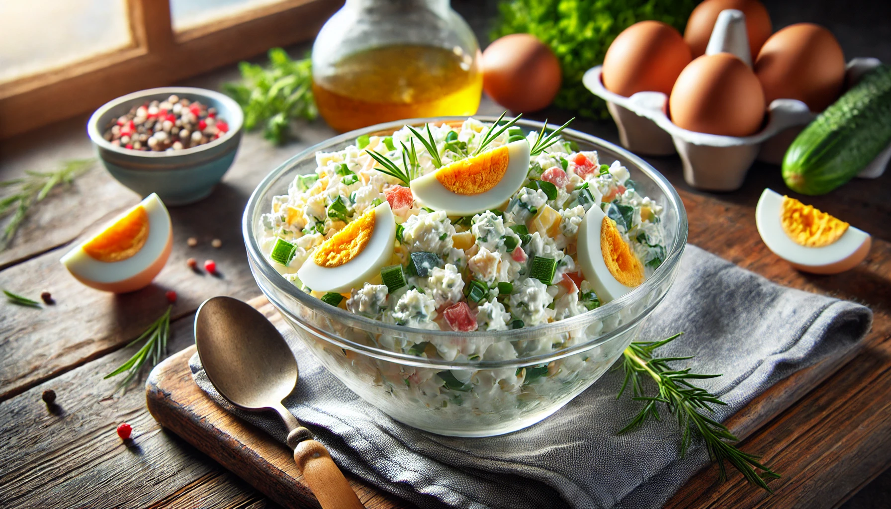 Cottage cheese egg salad served in a glass bowl with a spoon.