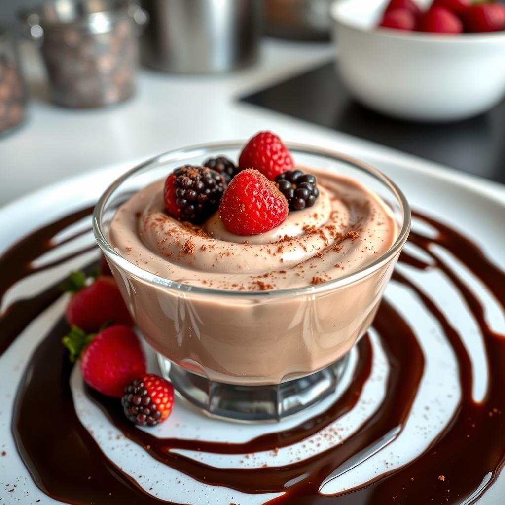 Creamy chocolate mousse topped with berries, served on a plate drizzled with chocolate sauce.