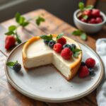 Slice of creamy cottage cheese cheesecake topped with fresh berries on a white plate