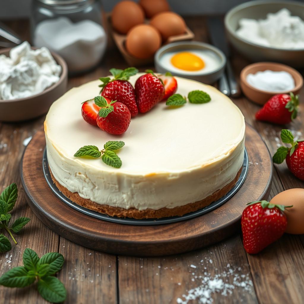 Creamy cottage cheese cheesecake topped with strawberries and mint, surrounded by ingredients on rustic table