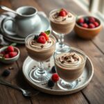 Creamy cottage cheese chocolate mousse garnished with berries and chocolate shavings in dessert glasses.