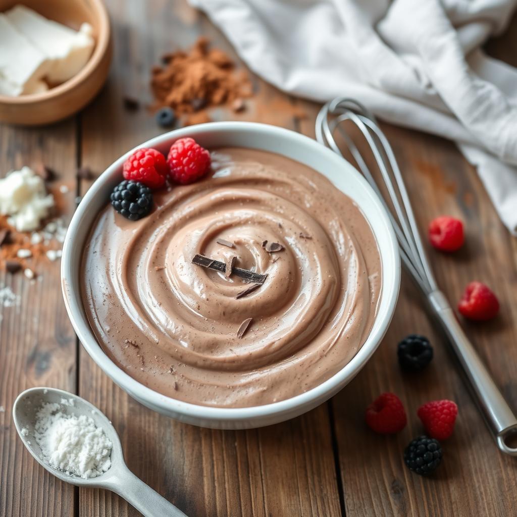 hocolate mousse with berries and chocolate shavings on a wooden table, surrounded by ingredients