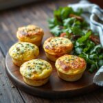 Golden brown egg muffins sprinkled with herbs on a wooden board.