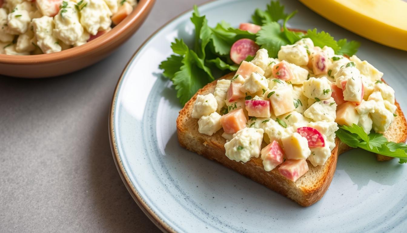 Cottage cheese egg salad served on a slice of toast with fresh greens.