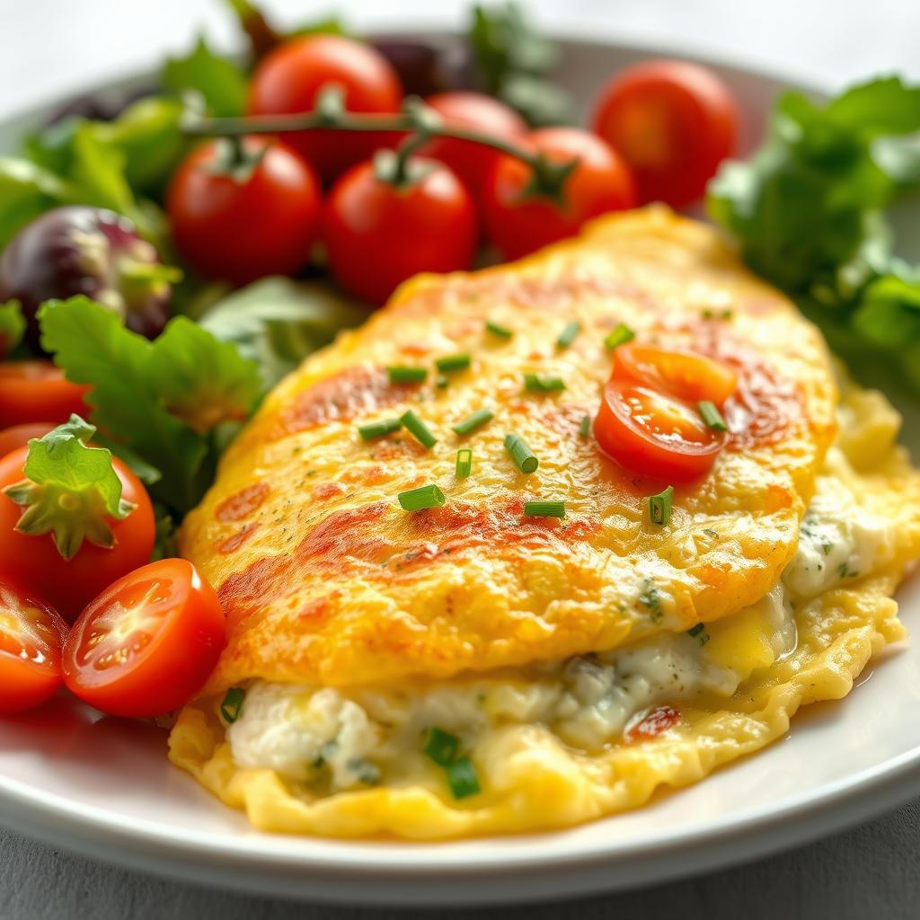 Golden cottage cheese omelette with fresh cherry tomatoes, herbs, and greens on a white plate