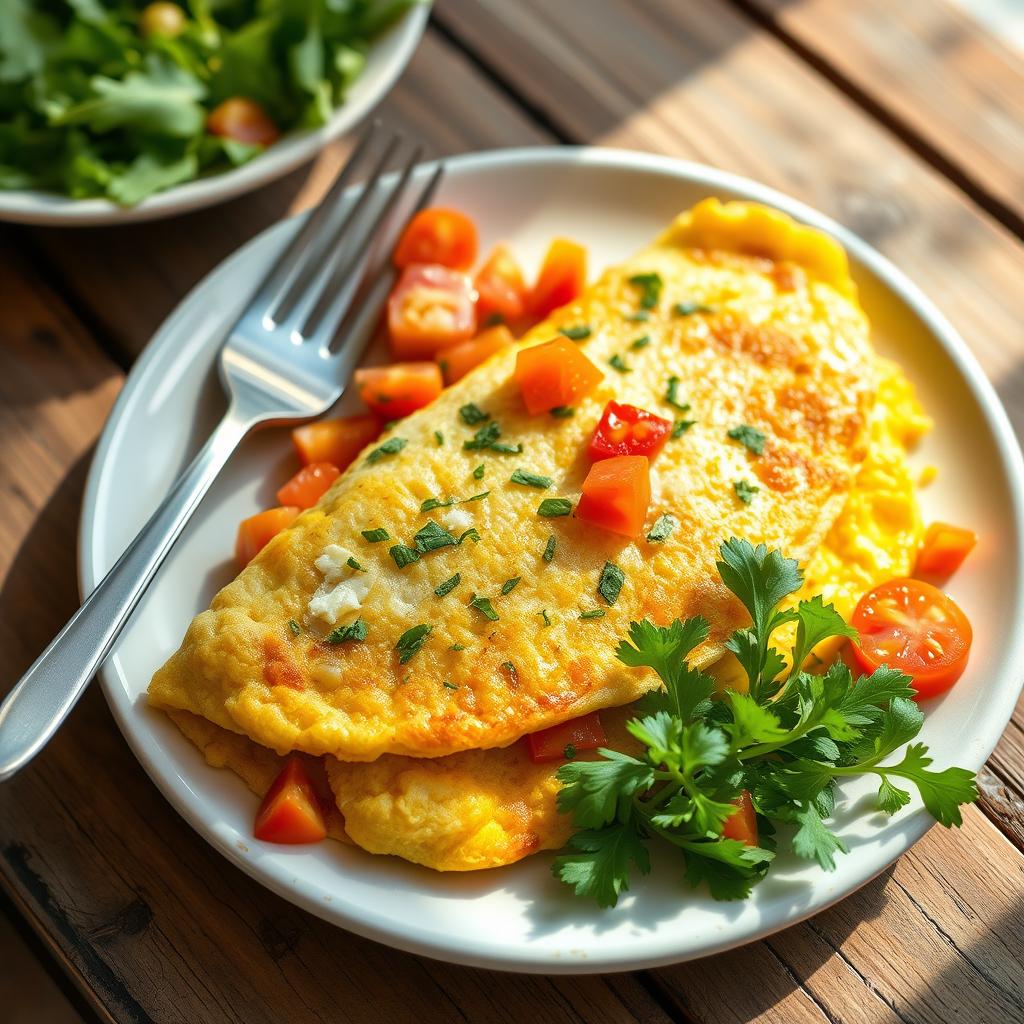 Fluffy cottage cheese omelette with herbs, tomatoes, and a golden crust on a plate