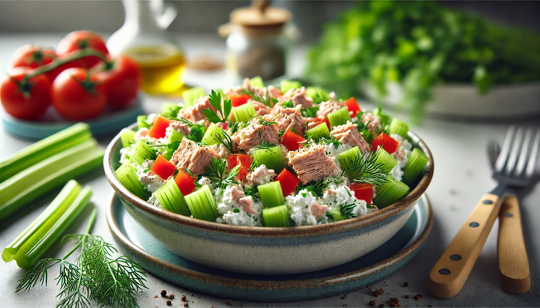 Cottage cheese tuna salad garnished with dill and served in a ceramic bowl.