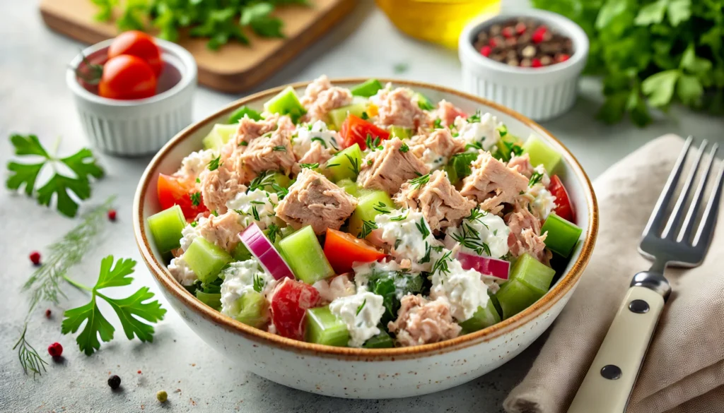 Cottage Cheese Tuna Salad featuring tuna, bell peppers, celery, red onion, garnished with fresh herbs.