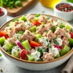 Cottage Cheese Tuna Salad featuring tuna, bell peppers, celery, red onion, garnished with fresh herbs.