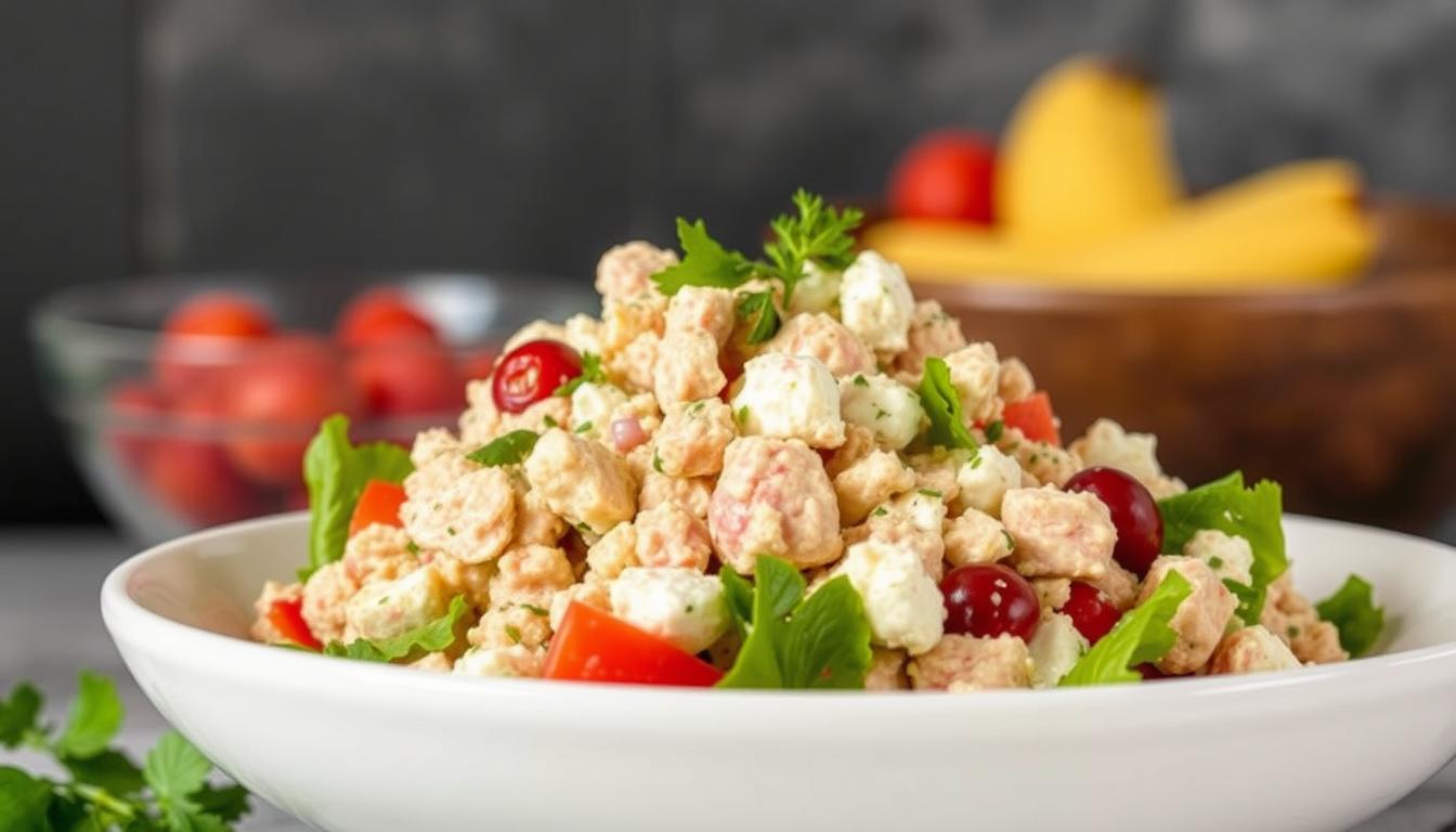 A bowl of tuna salad with cottage cheese, cranberries, and vegetables.