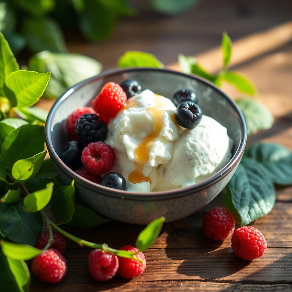 A bowl of creamy ice cream topped with raspberries and blueberries, drizzled with syrup