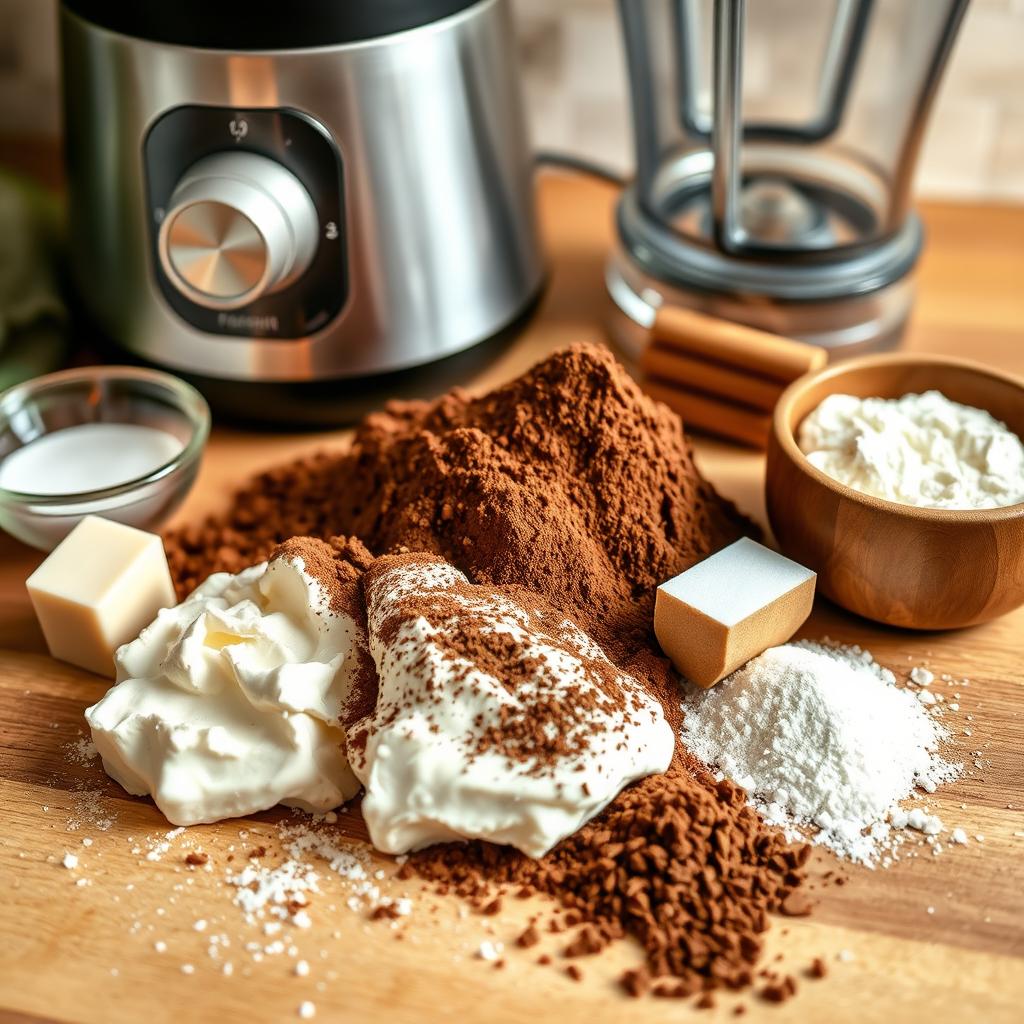 Cocoa powder, cottage cheese, cream, sugar, butter, and vanilla on a wooden surface near a blender.