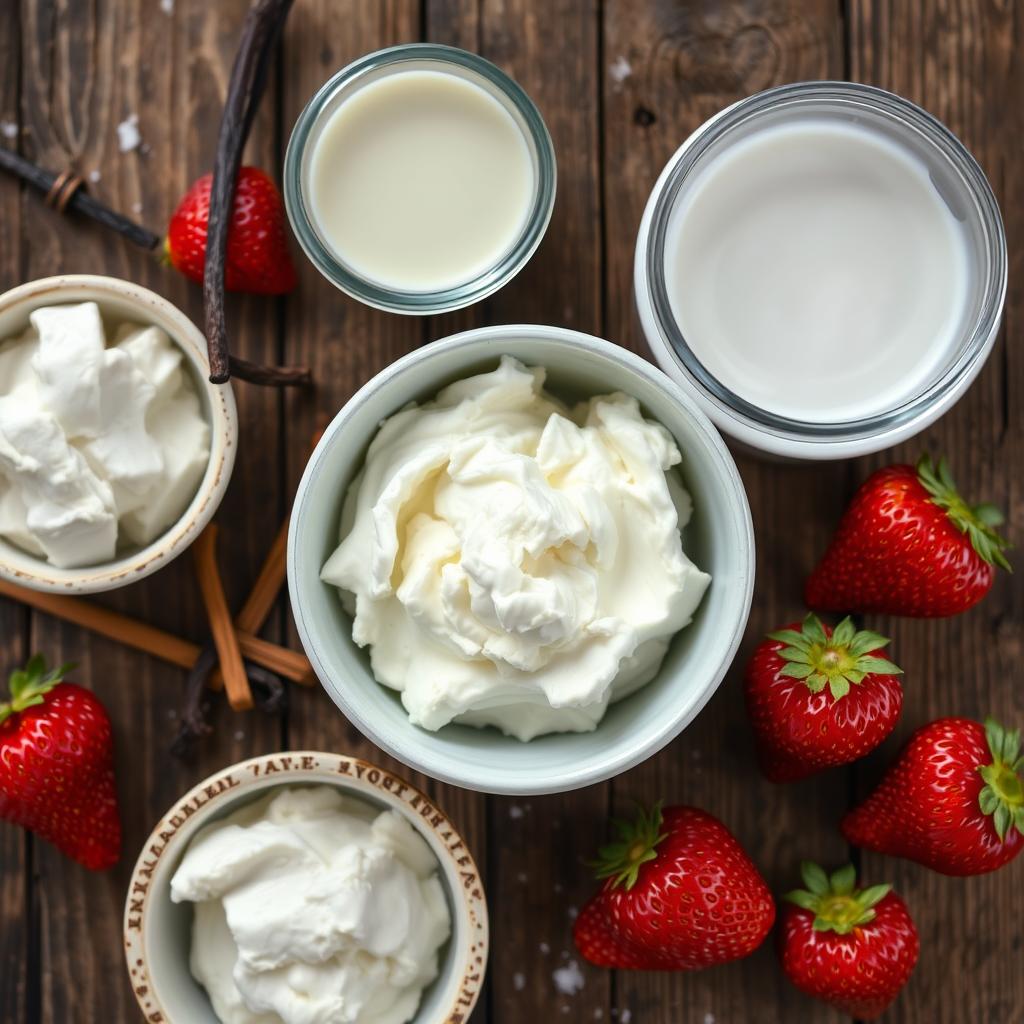 Whipped cream, milk, and strawberries on a wooden table.