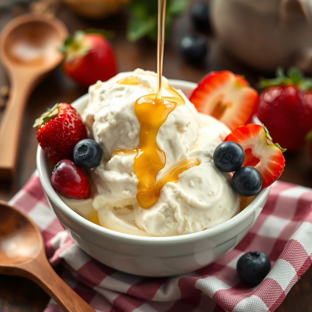 Cottage cheese ice cream with berries, honey drizzle, and fresh green leaves