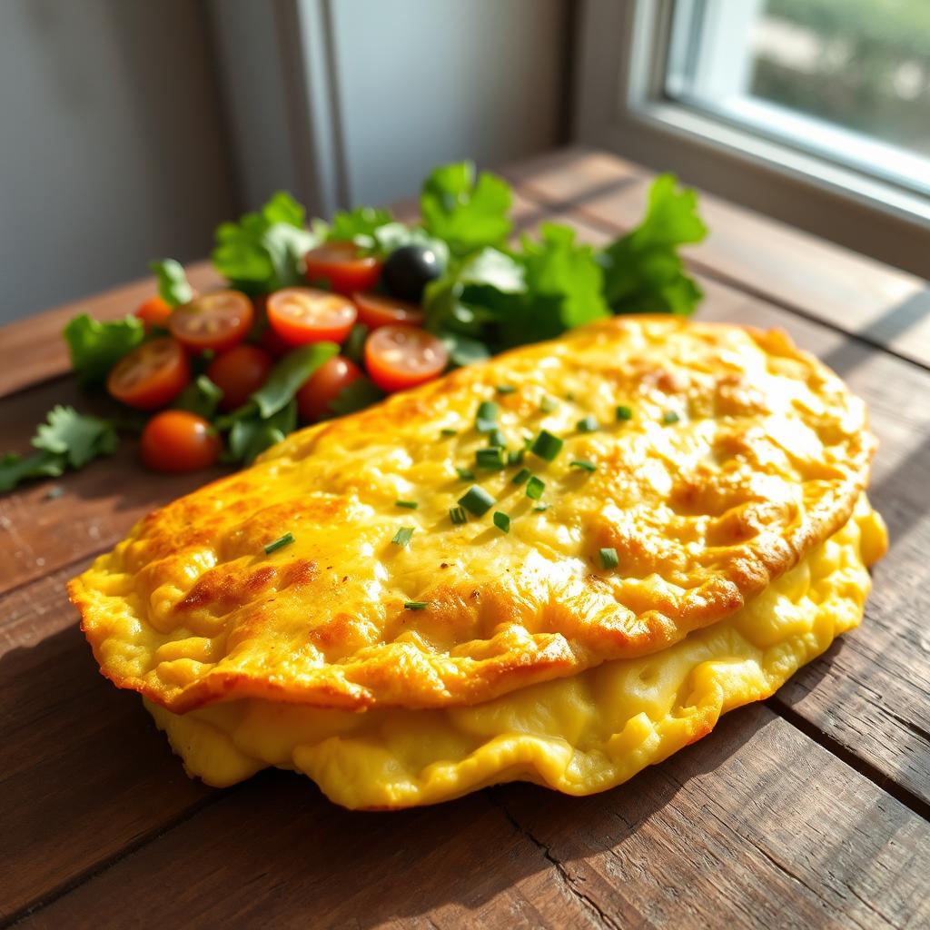 Golden cottage cheese omelette garnished with chives, served with cherry tomatoes and parsley greens.