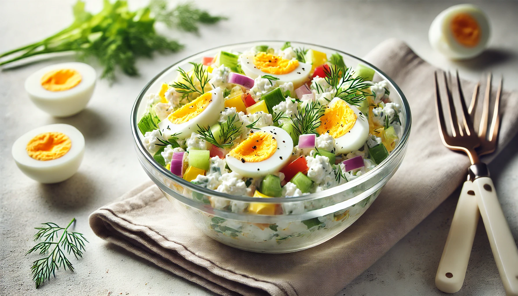 Cottage cheese egg salad with diced vegetables in a glass bowl.