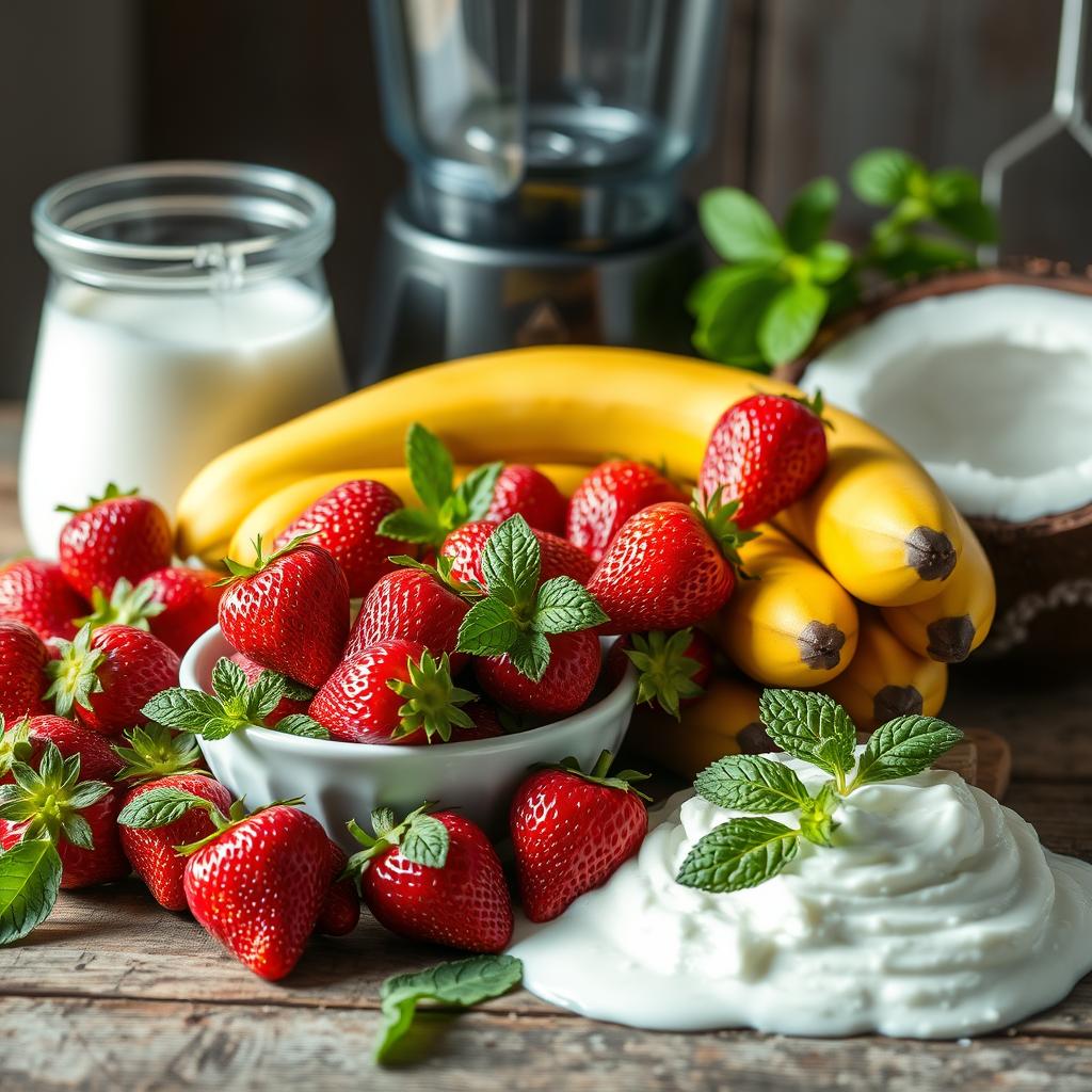 A vibrant arrangement of strawberries, bananas, cottage cheese, mint, and coconut water in soft light.