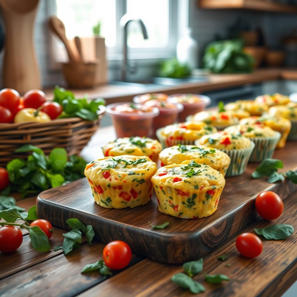 Golden brown egg muffins lined up on a wooden board in a kitchen.