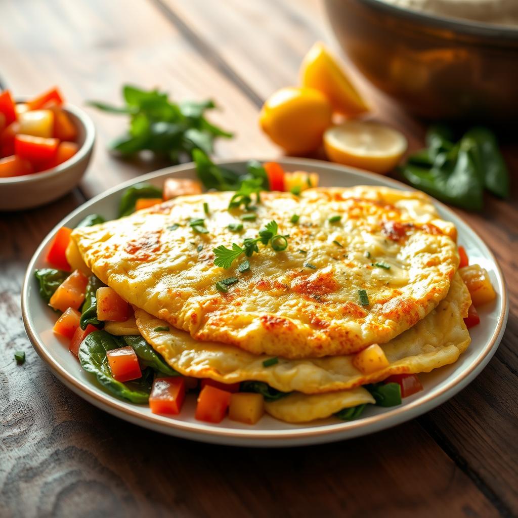 Golden omelette filled with spinach and vegetables, garnished with fresh herbs, served on a plate.