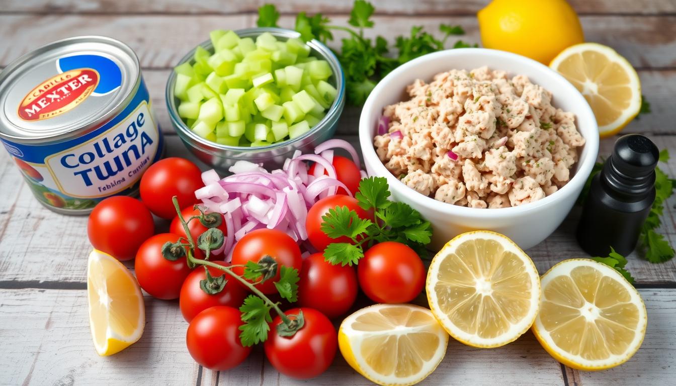 A can of tuna, celery, tomatoes, onions, lemon, and parsley on a wooden table.