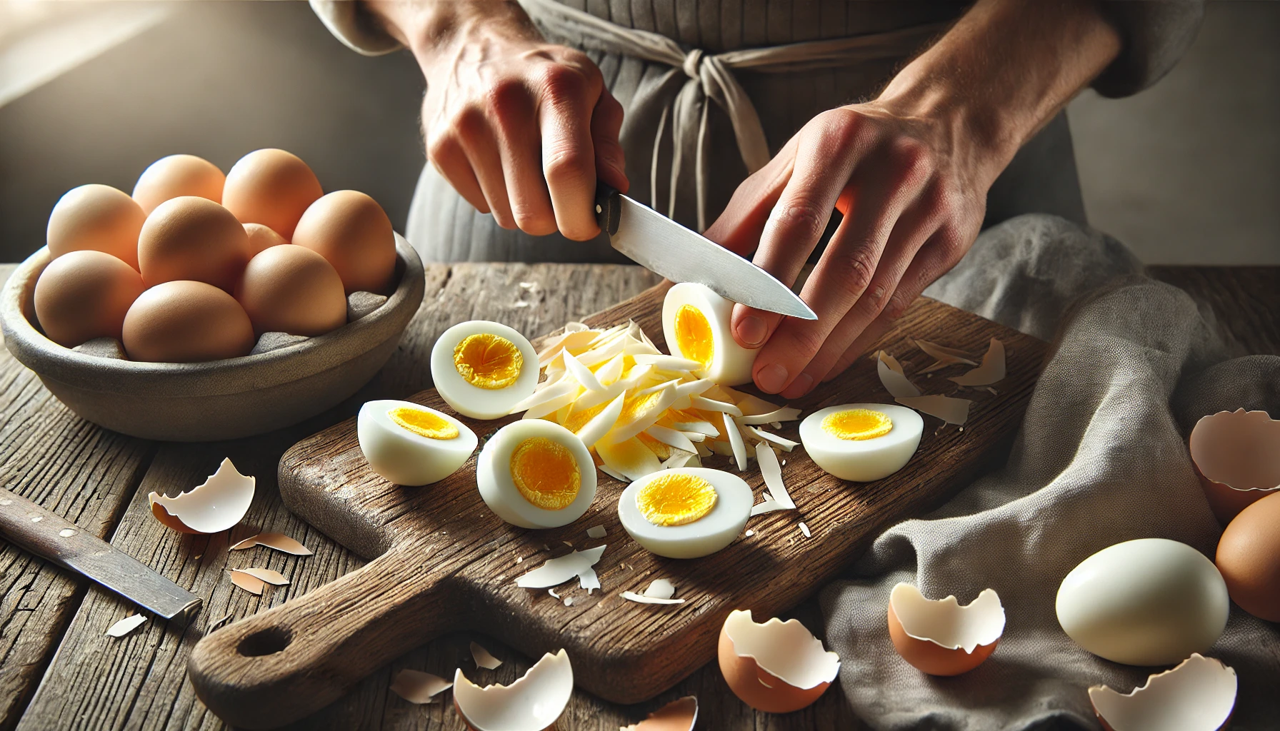 Hands peeling and chopping hard-boiled eggs on a cutting board.