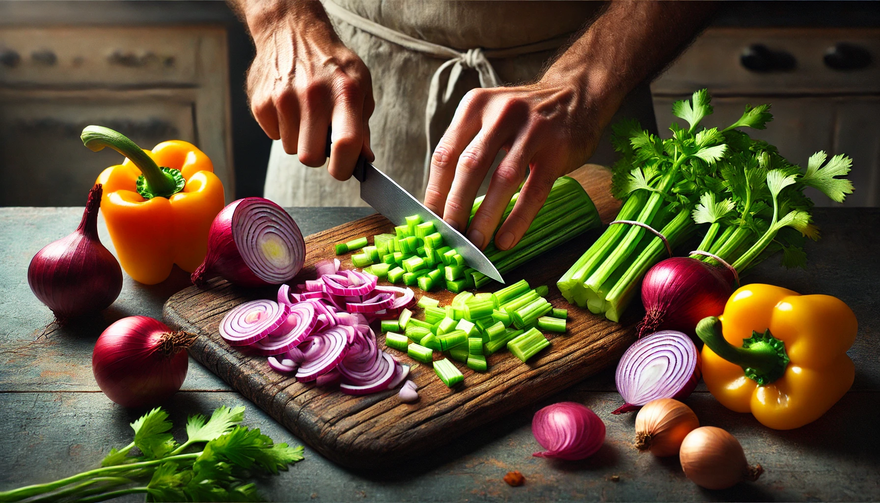 Hands chopping celery, red onion, and bell pepper on a cutting board.